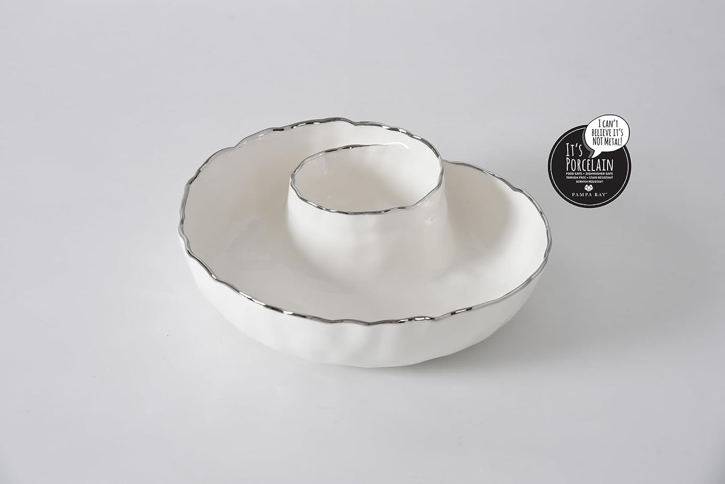 Pampa Bay Portofino Plata, Round Chip & Dip, 9.5” D x 2.75" (White and Gold)