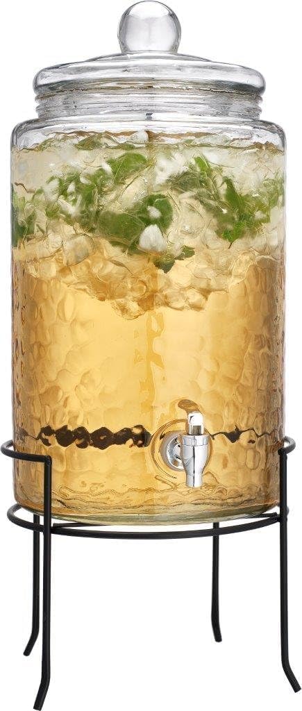3 Gallon Glass Drink Dispenser with Metal Stand & Lid – Hammered Beverage Dispenser with Leakproof Spigot, Wide Mouth for Easy Fill – Ideal for Parties, Lemonade, Iced Tea, Sangria & More