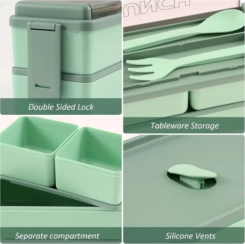 1400ml Lunch Box with 3 Compartments - 2 Layer Leak Proof Bento Box with Insulated Bag and Cutlery, Meal Prep Container Box for Adults Kids Students Office Microwave Dishwasher Safe Available (Green)