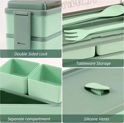 1400ml Lunch Box with 3 Compartments - 2 Layer Leak Proof Bento Box with Insulated Bag and Cutlery, Meal Prep Container Box for Adults Kids Students Office Microwave Dishwasher Safe Available (Green)