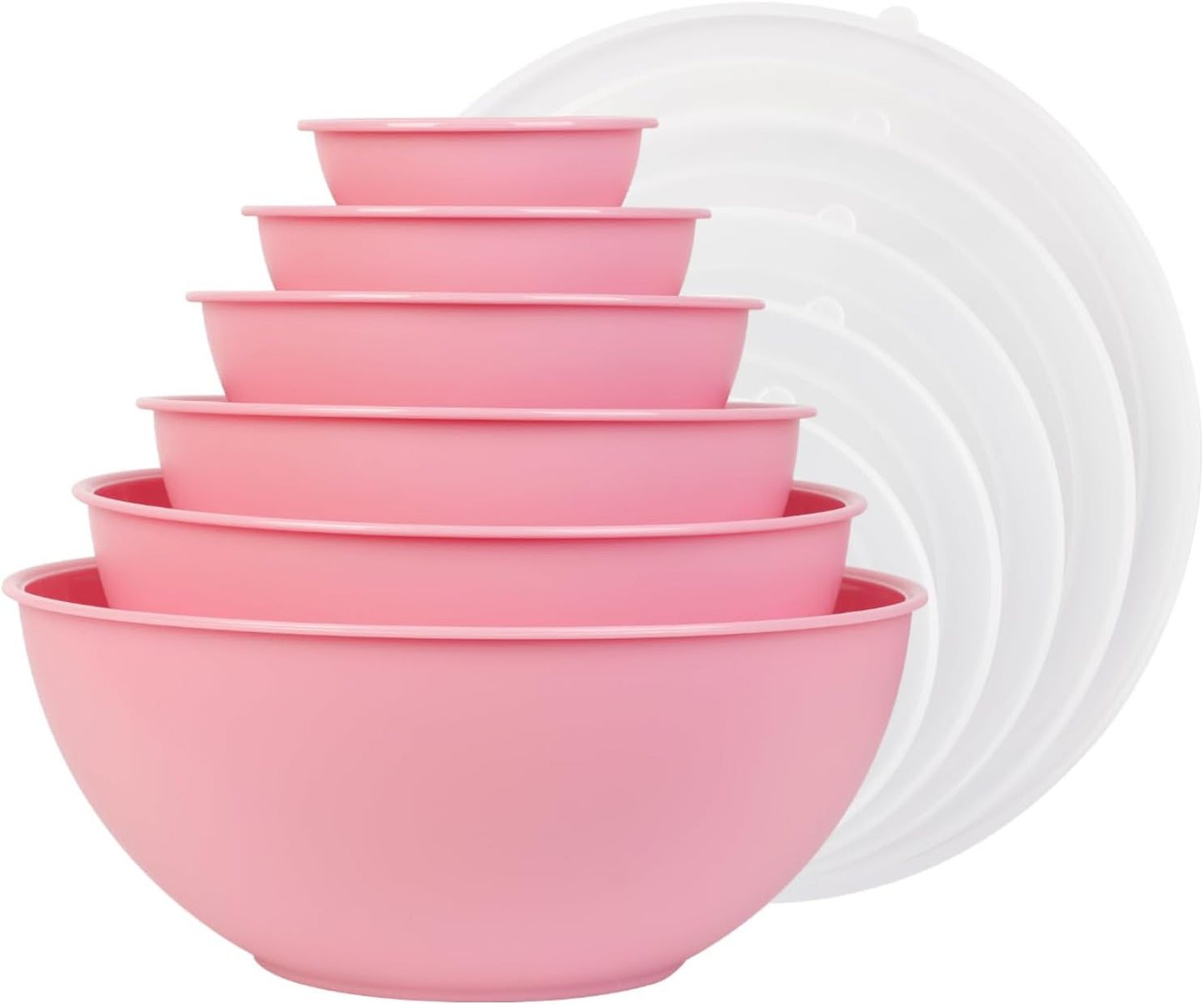 BoxedHome BPA Free Plastic Round Mixing Bowl with Lids, 12 Pack Nesting Bowls with Lids Set, Microwave and Dishwasher Safe Prep & Serving Bowls Great for Mixing, Baking, Serving (pinkish green, 12pcs)