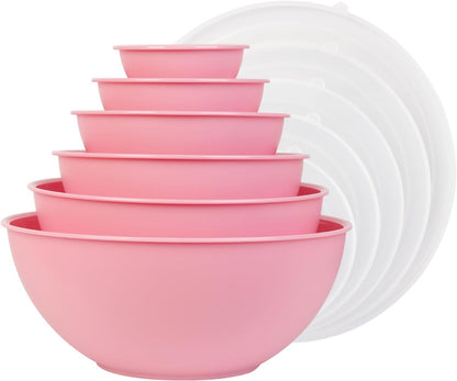 BoxedHome BPA Free Plastic Round Mixing Bowl with Lids, 12 Pack Nesting Bowls with Lids Set, Microwave and Dishwasher Safe Prep & Serving Bowls Great for Mixing, Baking, Serving (pinkish green, 12pcs)