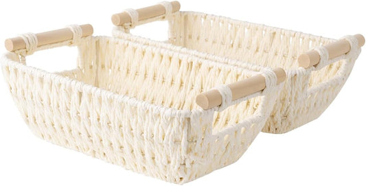 StorageWorks Hand-Woven Storage Baskets with Wooden Handles, Water Hyacinth Wicker Baskets for Organizing, 2 Pack