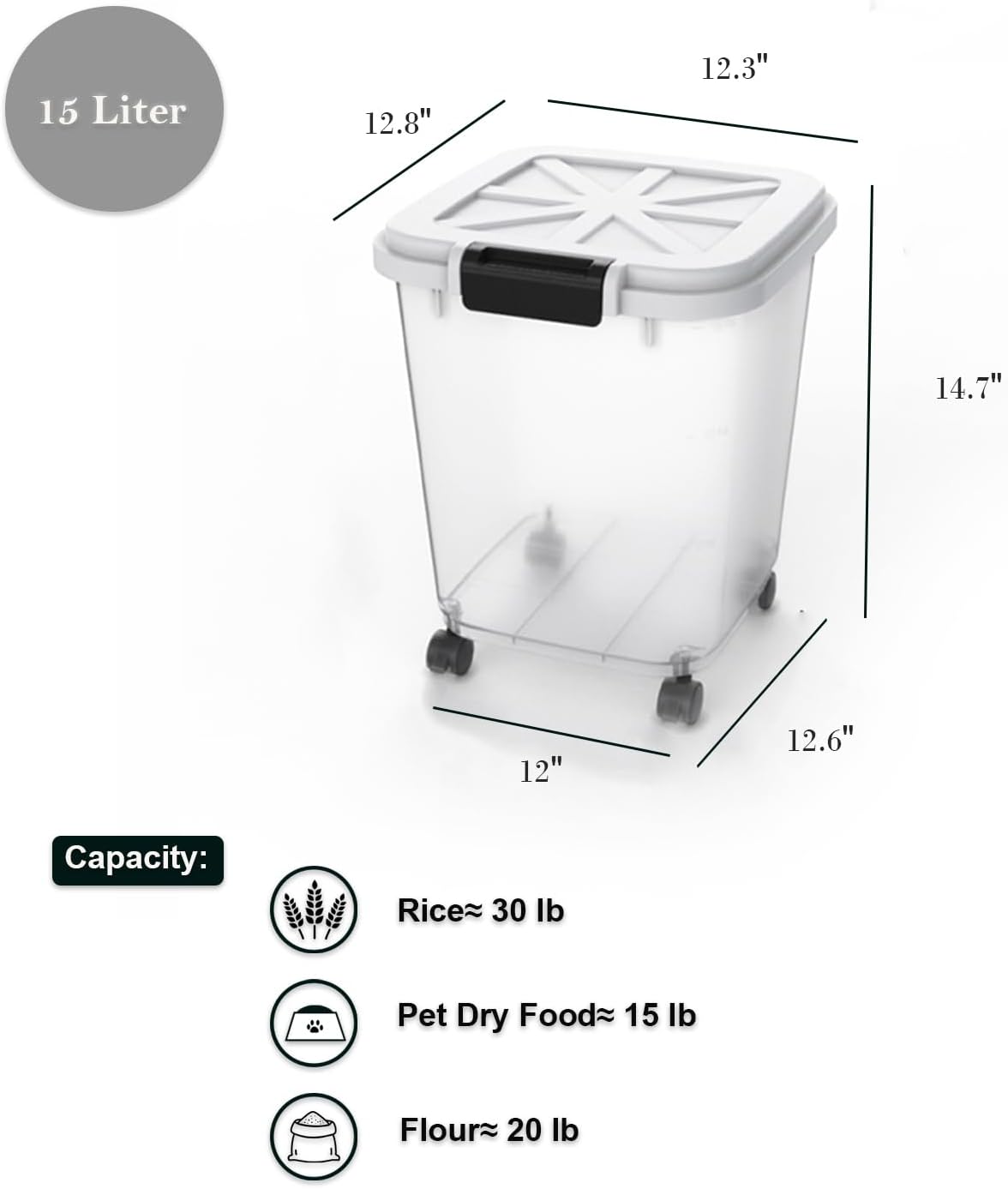 HANAMYA 40 LB Rice Storage Container with Measuring Cup, BPA free, For Rice | Grain | Pet Food | Flour, 2 count, Clear & Black