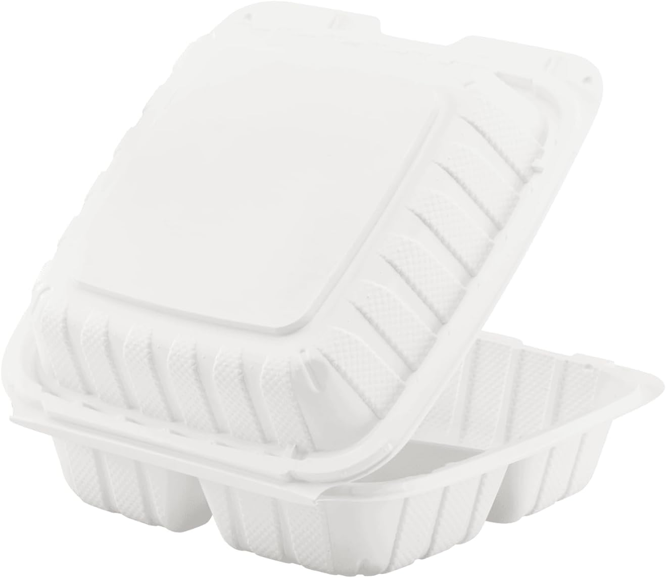 KARAT EARTH Clamshell Take Out Food Containers [8"x8" - 200 ct] To Go Containers | 3 Compartment, Soak-Resistant, Durable, Stackable | Vented for Hot/Cold Foods, White