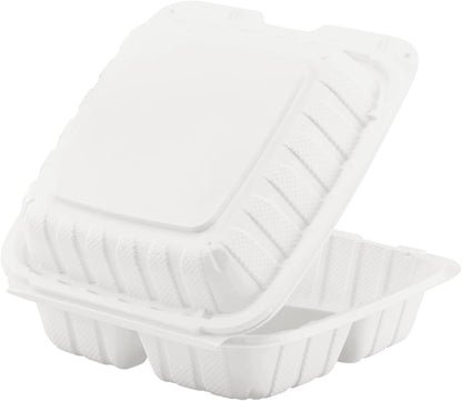 KARAT EARTH Clamshell Take Out Food Containers [8"x8" - 200 ct] To Go Containers | 3 Compartment, Soak-Resistant, Durable, Stackable | Vented for Hot/Cold Foods, White