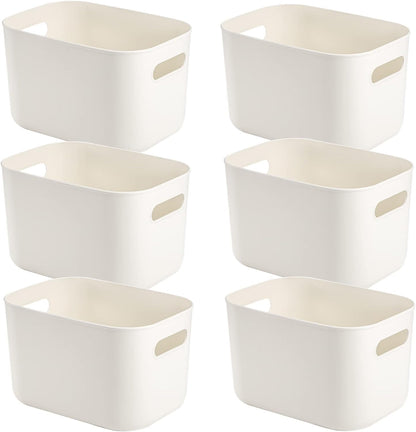 Yopay 6 Pack Plastic Storage Bin with Handle, White Bathroom Kitchen Organizer Bin for School, Office, Classroom, Hand Soaps, Shampoos, Lotion, Conditioners, Hand Towels, Cosmetic, Snacks, Seasoning