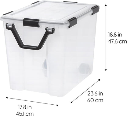 IRIS USA Storage Bins with Lids, WeatherPro Wheeled 106 Qt, Plastic, 3 Pack | Weather-tight gasket, wheels, and secure latches protect camping gear, tools, holiday décor, clothing, and documents.