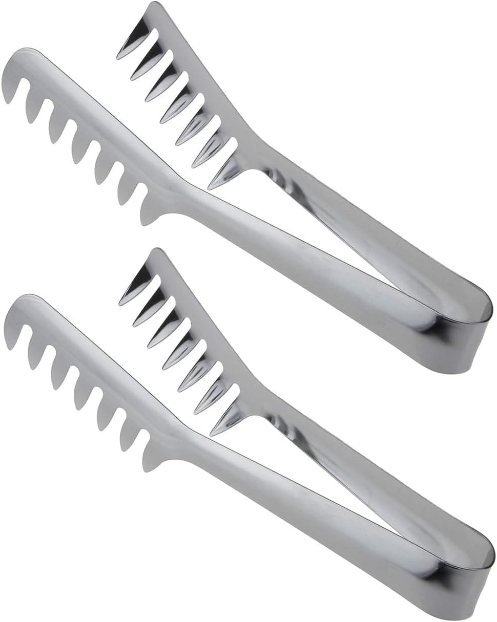HornTide Stainless Steel Pasta Tongs, Pack of 2 Piece, Teethed Ends Design for Spaghetti Noodle Pastry, Kitchen Serving Tong Set 8-inch 20cm