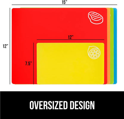 GORILLA GRIP 100% BPA-Free Flexible Cutting Board Set of 5, Durable Plastic Mats with Food Icons for Meal Prepping, Large and Mini Kitchen Chopping Mat, Use for Meat Fish Vegetables Fruit, Multicolor