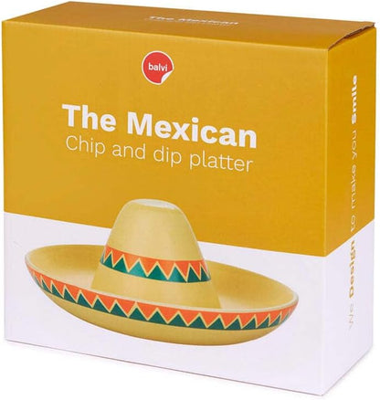 Balvi Mexican Chip and Dip Platter: Hand-painted Ceramic, Tropical Style, Sombrero Pattern, Large Size, Glossy Finish, Reusable, Ideal for Party Appetizers and Snacks