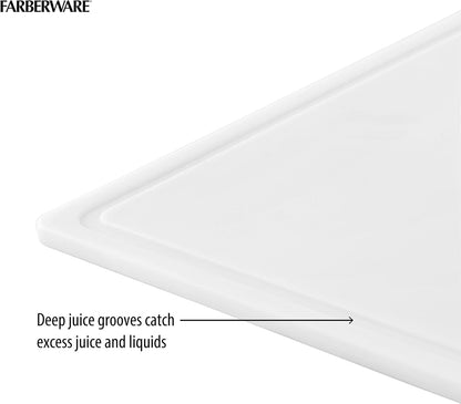 FARBERWARE Large Cutting Board, Dishwasher- Safe Plastic Chopping Board for Kitchen with Easy Grip Handle, 11in by 14in, White
