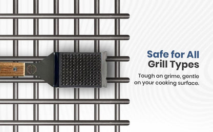 Strong BBQ Grill Brush and Scraper – Heavy-Duty Grill Cleaner with Long Wooden Handle & Replaceable Stainless Steel Bristles – Fast Deep Cleaning, Safe for All Grills – No-Scratch Outdoor Grill Brush