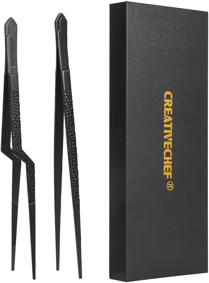 CREATIVECHEF 10" Chef Tweezer Tongs, Professional Kitchen Tweezers, 10 inch Straight Precision Tweezer Tongs for Cooking, BBQ, Plating, Stainless Steel, Black (1)