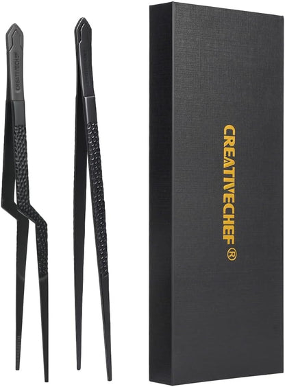CREATIVECHEF 10" Chef Tweezer Tongs, Professional Kitchen Tweezers, 10 inch Straight Precision Tweezer Tongs for Cooking, BBQ, Plating, Stainless Steel, Black (1)