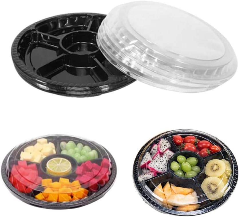 Black Plastic Appetizer Trays with Lids, Travel Round Disposable Compartment Serving Platters,6 Sectional Catering Trays for Vegetable Salad Food for Fruit Veggie Snack Food Containers (10 Pack)