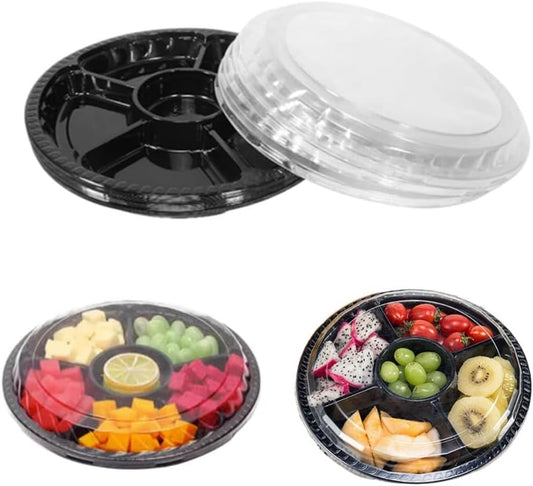 Black Plastic Appetizer Trays with Lids, Travel Round Disposable Compartment Serving Platters,6 Sectional Catering Trays for Vegetable Salad Food for Fruit Veggie Snack Food Containers (10 Pack)