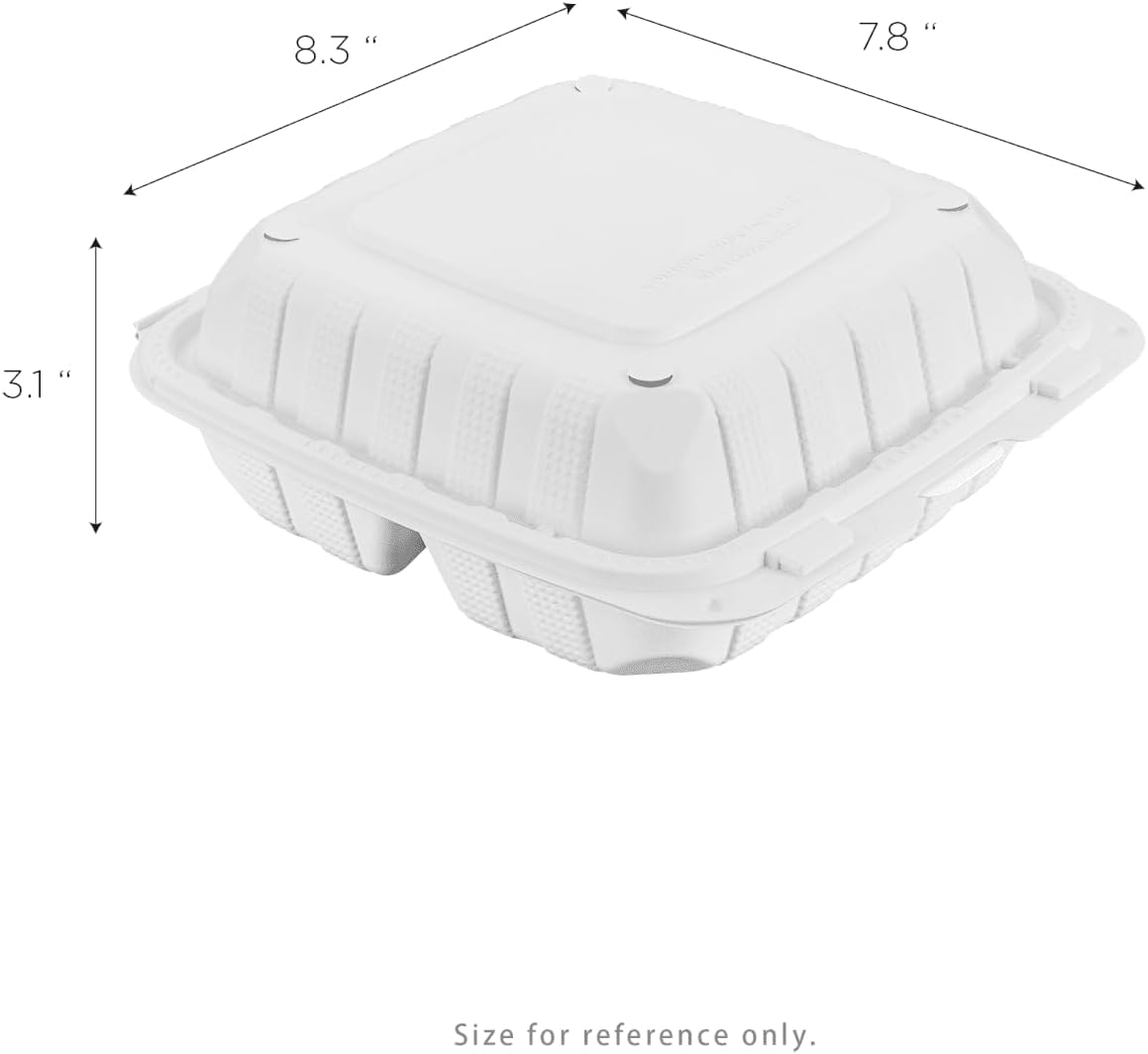 KARAT EARTH Clamshell Take Out Food Containers [8"x8" - 200 ct] To Go Containers | 3 Compartment, Soak-Resistant, Durable, Stackable | Vented for Hot/Cold Foods, White