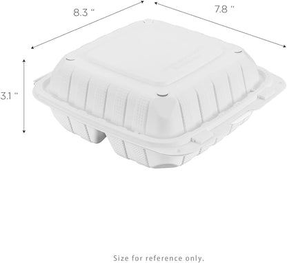KARAT EARTH Clamshell Take Out Food Containers [8"x8" - 200 ct] To Go Containers | 3 Compartment, Soak-Resistant, Durable, Stackable | Vented for Hot/Cold Foods, White