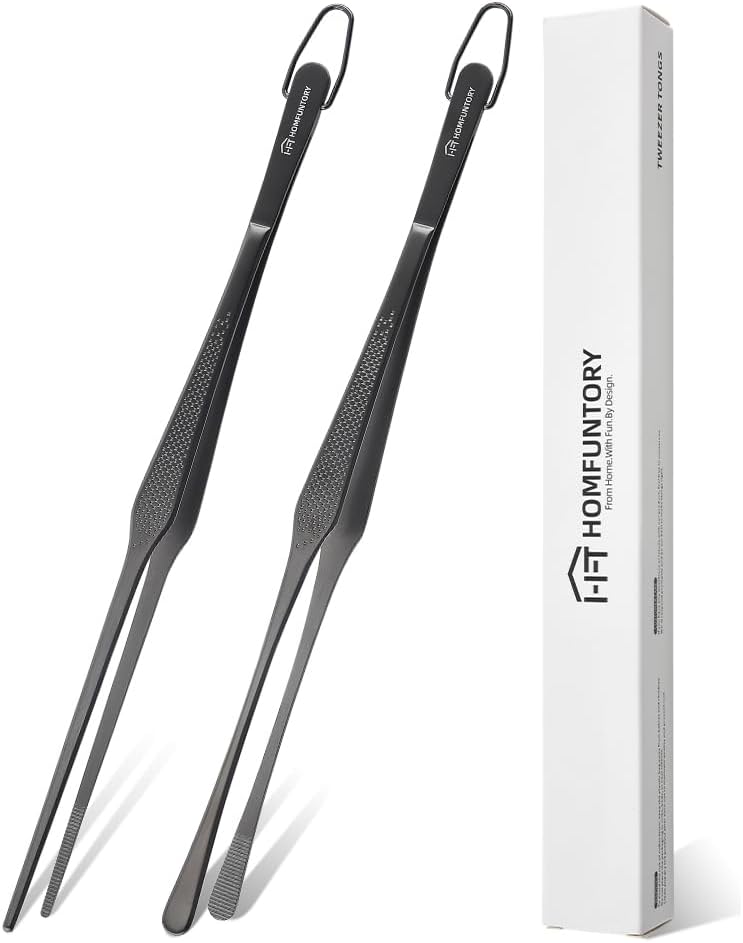 Stainless Steel Cooking Tweezers, 12-Inch Precision Kitchen Tweezers with Star Dot Texture, Wider Grip & Elevated Tips | Galaxy Grip Series, 2 Pcs (Black)