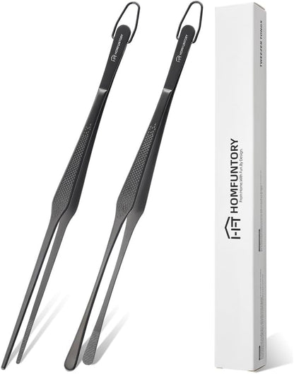 Stainless Steel Cooking Tweezers, 12-Inch Precision Kitchen Tweezers with Star Dot Texture, Wider Grip & Elevated Tips | Galaxy Grip Series, 2 Pcs (Black)
