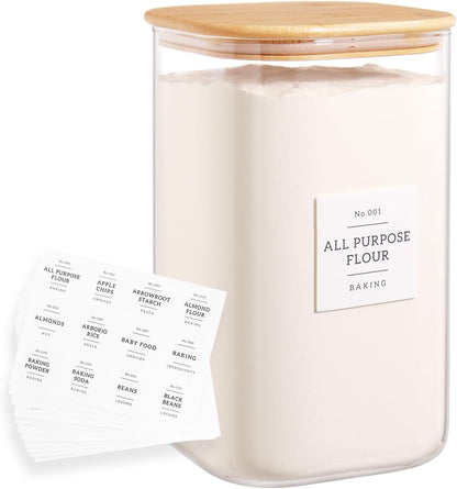 Large glass flour and sugar containers with 132 Kitchen Pantry Labels - 110 oz Glass Food Storage Containers with Airtight Lids - Square Glass Jars with Bamboo Lids for Rice, Pasta, Cookies, grain
