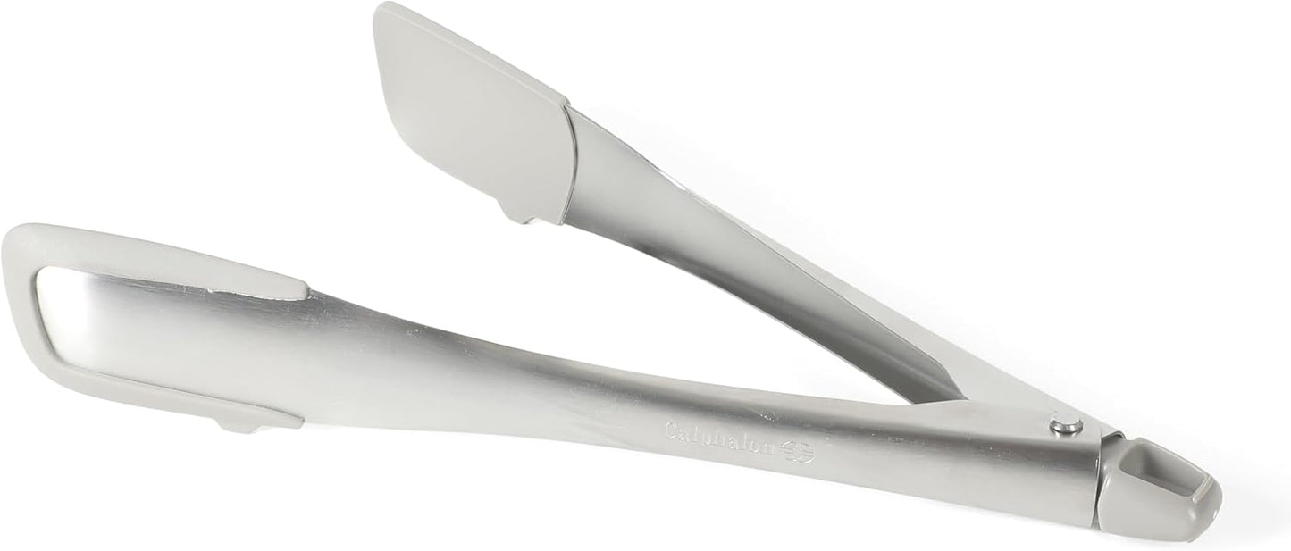 Calphalon Edge Tongs Set, 2-Piece Stainless Steel Kitchen Tongs Set with Silicone Heads, Includes 9-Inch & 12-Inch Heat-Resistant Locking Tongs for Cooking, Grilling & Serving, Taupe