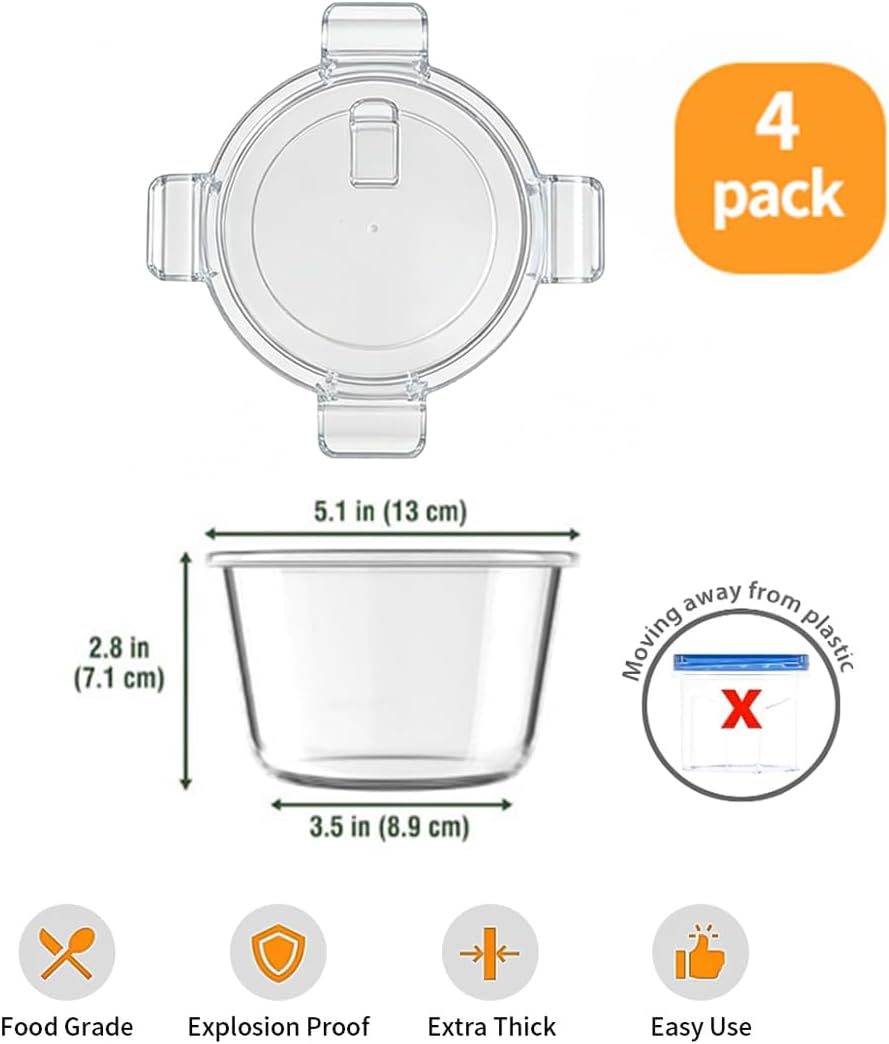 H.JSS WDJS 3Cup Round Glass Food Storage Containers with Airtight lids, 23oz Glass Meal Prep Containers, Heat-Resistant BPA-Free for Soup Leftover, Microwave, Dishwasher and Fridge Safe (white-4Pack)