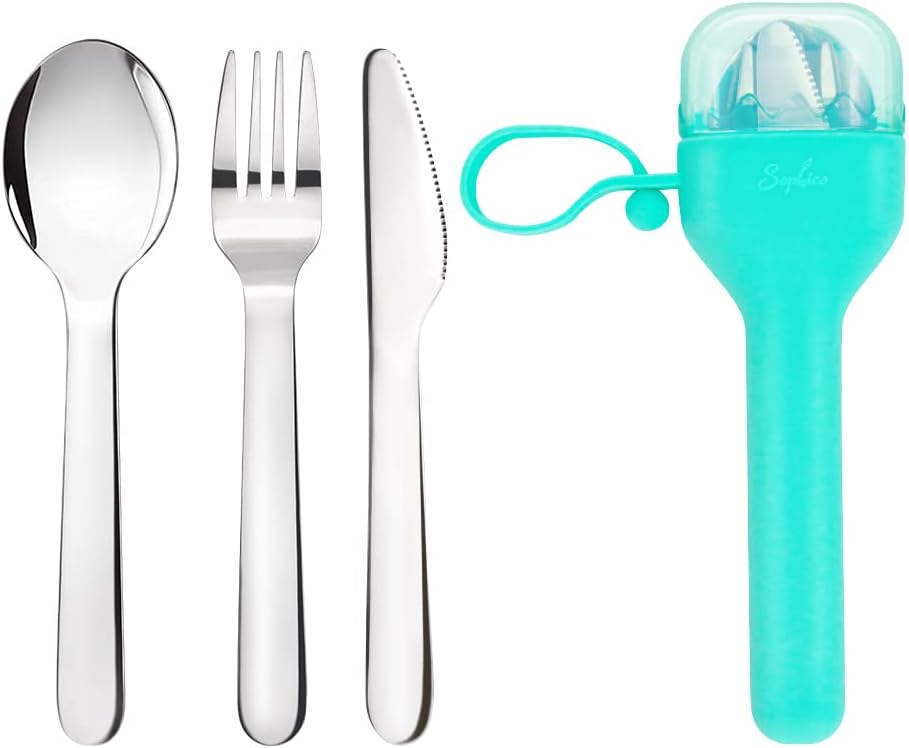 Sophico Travel Utensils Set for Camping and Kids Lunch Box, Stainless Steel Fork and Spoon, Knife Silverware Flatware Sets with Silicone Case - Portable & Leak-proof, Dishwasher Safe (Pink, 1 Set)