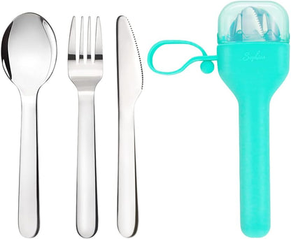 Sophico Travel Utensils Set for Camping and Kids Lunch Box, Stainless Steel Fork and Spoon, Knife Silverware Flatware Sets with Silicone Case - Portable & Leak-proof, Dishwasher Safe (Pink, 1 Set)