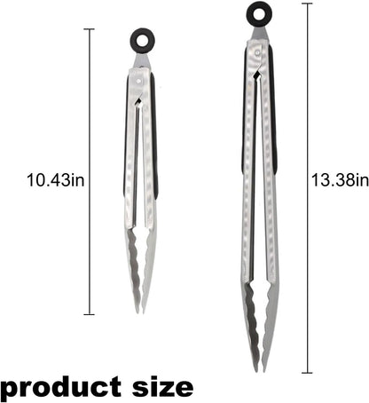 304 Stainless Steel Cooking Tongs Set of 2 (10" & 13") – Heat Resistant 600°F, Brushed Locking Tongs with Ergonomic Grip, Ideal for Kitchen, Salad, BBQ, Dishwasher Safe