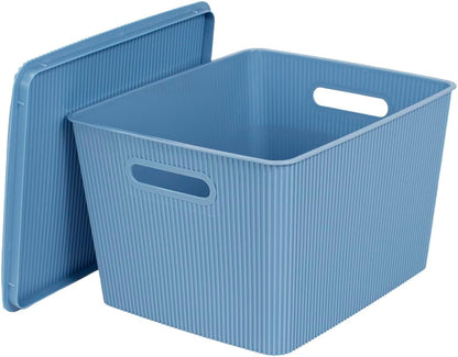 Glad Storage Baskets with Lids - Set of 4 Stackable Plastic Boxes with Handles - Decorative Shelf Organizer Bins for Bathroom and Closet, Blue, 3.1 Gallons