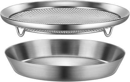 WAGENSTEIGER Stainless Steel Mesh Tray Set with Drip Pan, Air Fryer Basket and Tray, Kitchen Colander, Vegetable and Fruit Strainer, Food Filter, BBQ Prep Tool, Fruit Serving Dishes (9.84 inch)