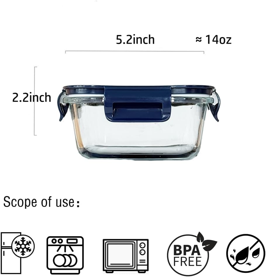 16oz Square Glass Food Storage Containers With Lids, 2 Cup Square Glass Food Containers With Lids, BPA free Small Meal Prep Bowls for leftovers, Dishwasher, Freezer Safe (8Pack)
