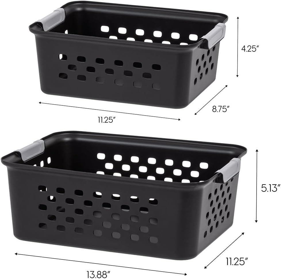 IRIS USA Plastic Storage Baskets, 6-Pack, Made in USA, Shelf Baskets Small Baskets Organizing Bins for Pantry Countertops Closet Shelves Laundry Room Office, Multi-Purpose, Nestable, Easy Carry, Black