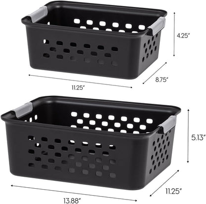 IRIS USA Plastic Storage Baskets, 6-Pack, Made in USA, Shelf Baskets Small Baskets Organizing Bins for Pantry Countertops Closet Shelves Laundry Room Office, Multi-Purpose, Nestable, Easy Carry, Black