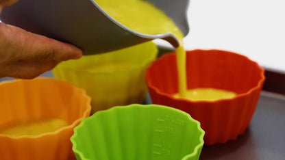 12 Pack Measured Baking Cups Jumbo Silicone Muffin Cup Reusable Non-Stick Liners Easy To Read Measurements Four Colors Flexible Durable Microwave & Dishwasher Safe by Baking Made Easy