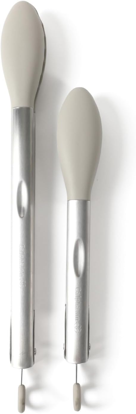 Calphalon Edge Tongs Set, 2-Piece Stainless Steel Kitchen Tongs Set with Silicone Heads, Includes 9-Inch & 12-Inch Heat-Resistant Locking Tongs for Cooking, Grilling & Serving, Taupe
