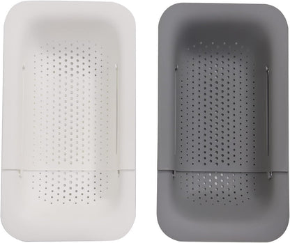 KesaPlan Collapsible Sink Colanders and Strainers Basket Over the Colander Extendable Plastic Fruit Vegetable Strainer Drainer for Kitchen(Length 14.3-19.4 inch)(Gray Set of 2)