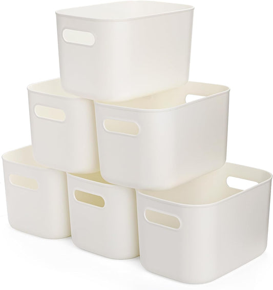 Yopay 6 Pack Plastic Storage Bin with Handle, White Bathroom Kitchen Organizer Bin for School, Office, Classroom, Hand Soaps, Shampoos, Lotion, Conditioners, Hand Towels, Cosmetic, Snacks, Seasoning