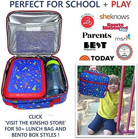 Kinsho Bento Lunch Box for Kids Toddlers, 5 Portion Control Sections, BPA Free Removable Plastic Tray, Pre-School Kid Toddler Daycare Lunches, Snack Container Ages 3 to 7 (Blue Space Rockets)