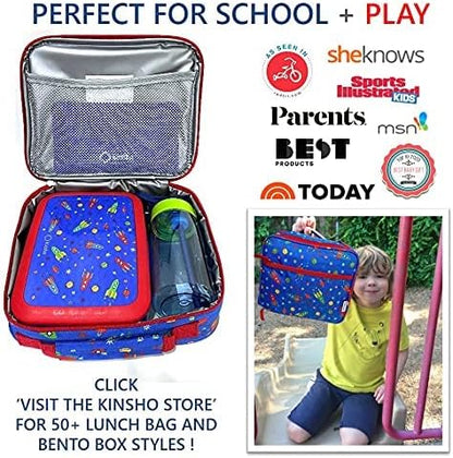 Kinsho Bento Lunch Box for Kids Toddlers, 5 Portion Control Sections, BPA Free Removable Plastic Tray, Pre-School Kid Toddler Daycare Lunches, Snack Container Ages 3 to 7 (Blue Space Rockets)