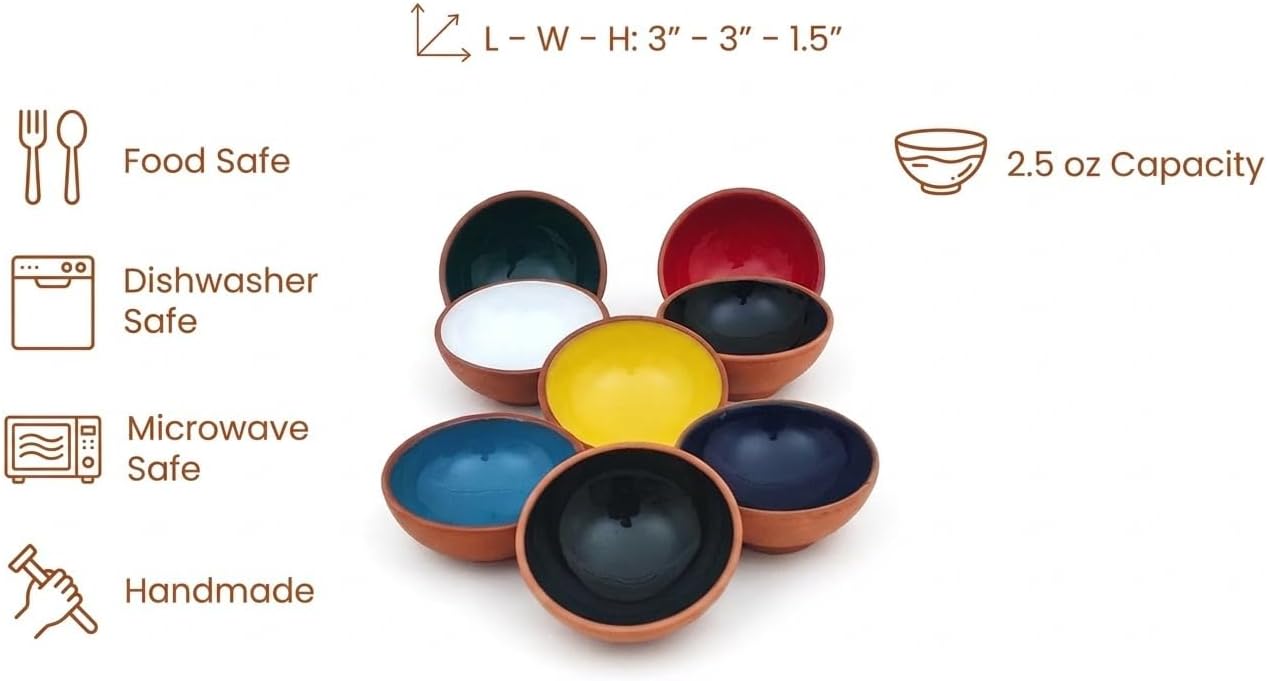 Terracotta Pinch Bowls Set of 8 – Small Ceramic Prep Bowls for Spices, Sauces & Dips – Mini Dipping Bowl for Kitchen Prep, Serving & Charcuterie – Colorful Handmade-Style Bowl