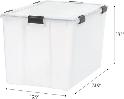 IRIS USA Storage Bins with Lids, WeatherPro Wheeled 106 Qt, Plastic, 3 Pack | Weather-tight gasket, wheels, and secure latches protect camping gear, tools, holiday décor, clothing, and documents.