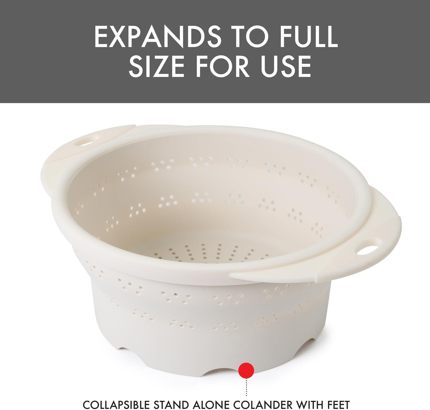 Dexas 10" Collapsible Silicone Colander in Cream, Kitchen Strainer with Handles, 15.1 Cup Capacity | BPA-Free, Heat-Resistant, Space-Saving Kitchen Tool