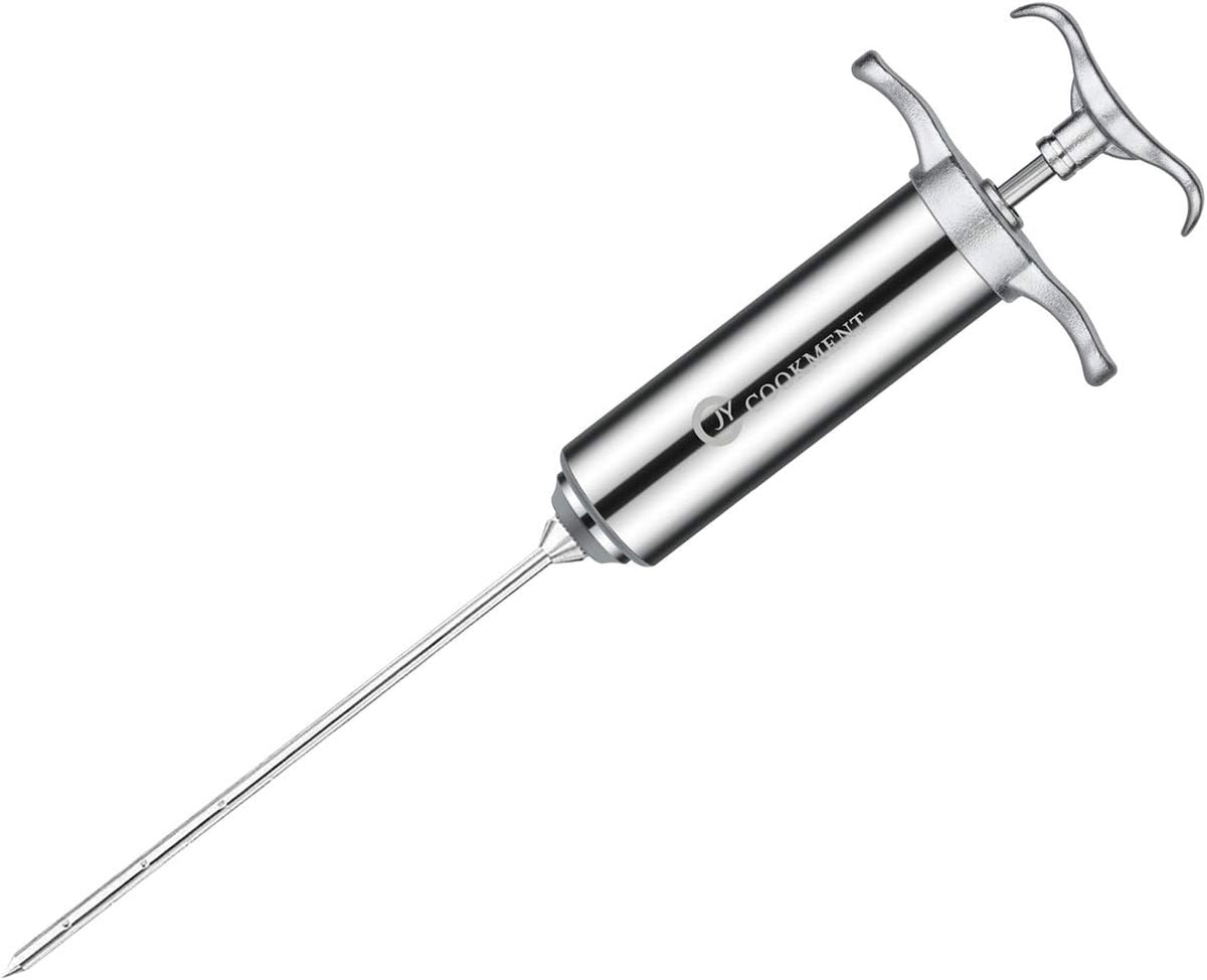 JY COOKMENT Meat Injector Syringe 2-oz Marinade Flavor Barrel 304 Stainless Steel with 3 Professional Needles 2 Cleaning Brushes and 4 Silicone O-Rings