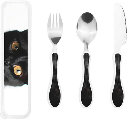 3-Piece Kids Silverware Set With Storage Case, Stainless Steel Reusable Children Safe Knife Spoon Fork Set Black And White Grid Children Flatware Set For Kids Lunch Box
