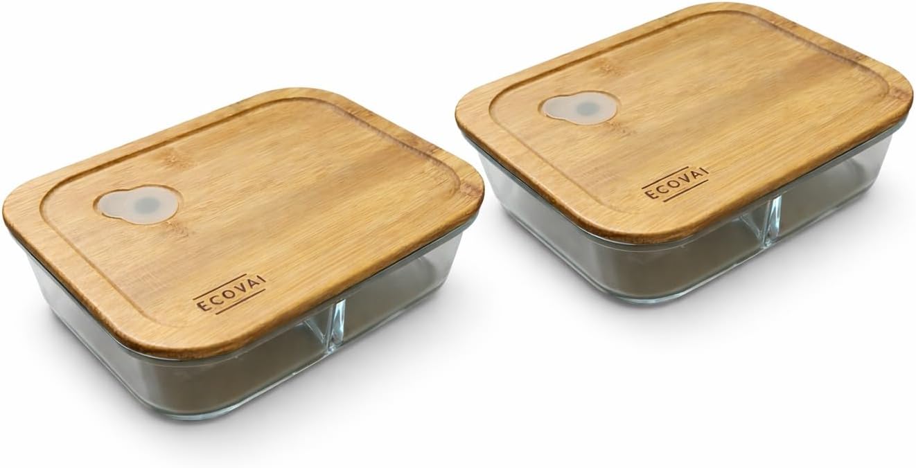 ECOVAI Glass Bento Box (2 Pack) LARGE 3-Compartment Portion Control Glass Meal Prep Containers with Bamboo Lid, Leakproof Silicone Seal, Borosilicate Glass, Microwave Safe Lunch Box/Tupper