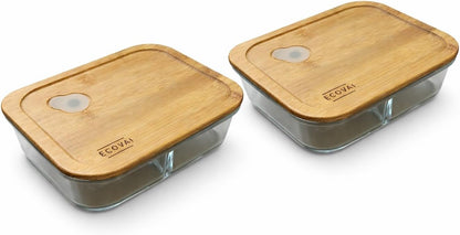 ECOVAI Glass Bento Box (2 Pack) LARGE 3-Compartment Portion Control Glass Meal Prep Containers with Bamboo Lid, Leakproof Silicone Seal, Borosilicate Glass, Microwave Safe Lunch Box/Tupper