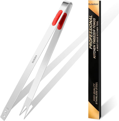 Gutsdoor 8 Inch Plating Tweezers Stainless Steel Precision Culinary Tweezer Silver Kitchen Straight Tweezers Tongs
